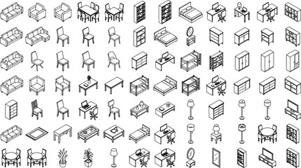 Fototapeta premium Isometric furniture icon set featuring various home and office interior elements in a clean line art style
