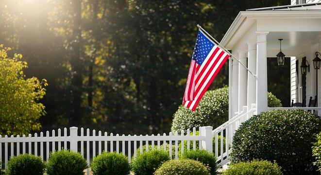 American flag hanging on white house porch