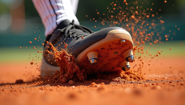 High-speed macro of a baseball cleat kicking up red infield dirt.