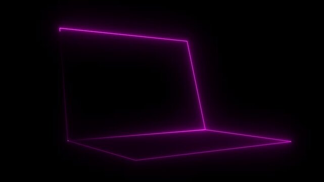 pink neon laptop animation with black background.Glowing laptop screen.4k motion video ...