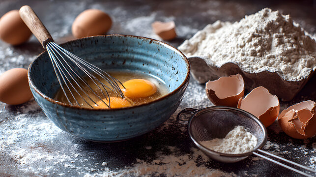 Whisking eggs in blue ceramic bowl isolated on transparent background with flour and sifter