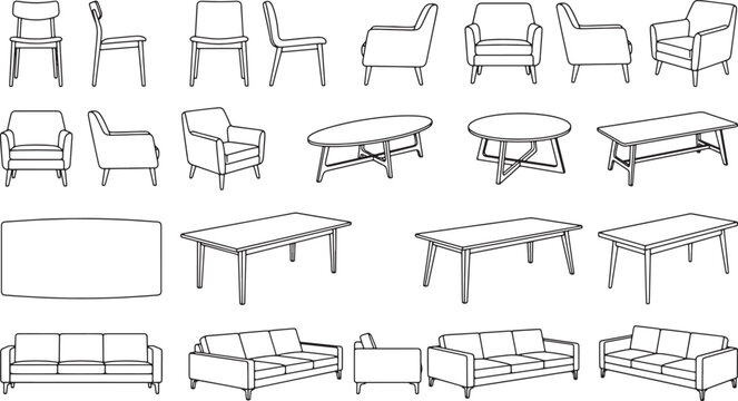 Set of modern furniture line art icons featuring chairs sofas and tables in various angles and perspectives
