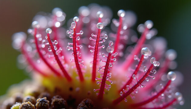 Extreme macro of sticky mucilage droplets on the tentacles of a carnivorous sundew plant.