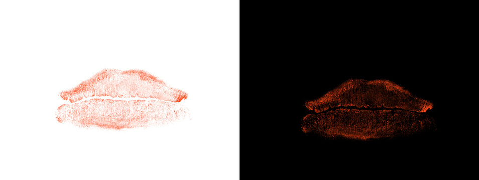 Red Glowing Puckered Lips Kiss Print Mark on Black Background