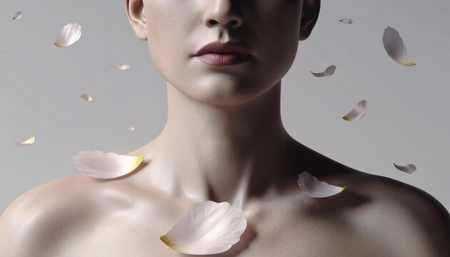 Close-up of a woman's face with falling flower petals around her.