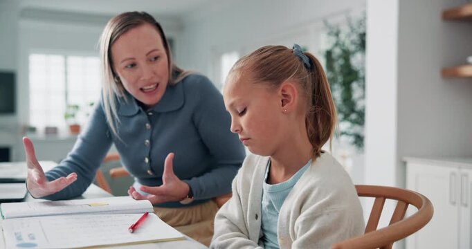 Mom, child and refuse homework in home for learning disability, academic frustration or difficulty. Homeschool, mother or girl with dyslexia at table for lesson struggle, education help or resistance