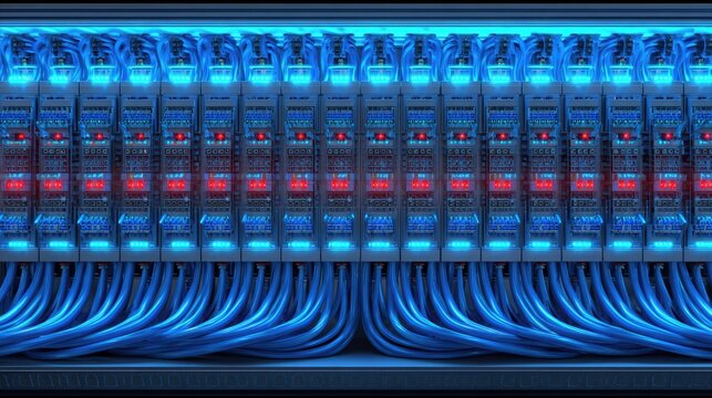 High-Tech Server Rack with Blue and Red LED Lights Illuminating Cables in a Server Room Setting for Data Management and Network Infrastructure