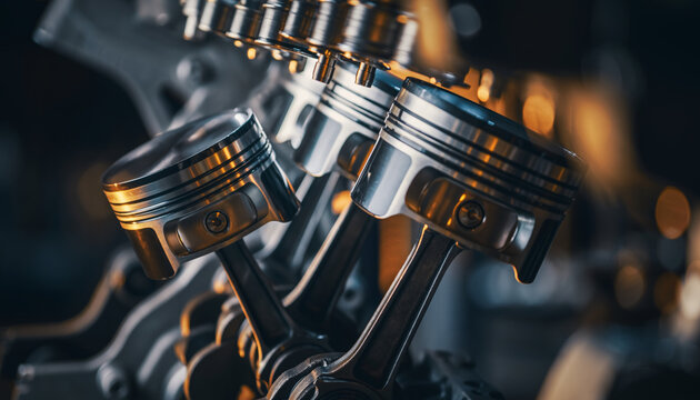 Close-up of engine pistons and cylinders in an internal combustion engine.