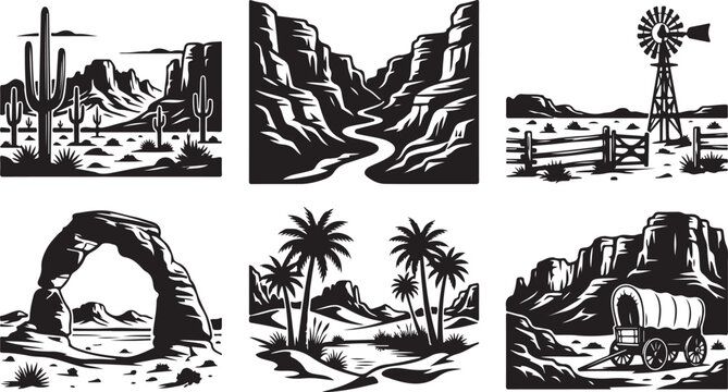 Western landscape icons, desert scene illustrations, black and white vector graphics, wilderness symbols