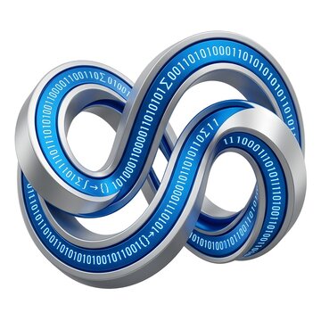 Interlocking binary code rings with a futuristic design and metallic sheen