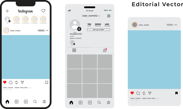 instagram social media post home screen user interface on smartphone, Set of mobile social media profile interface mockups featuring feed and user profile layouts.