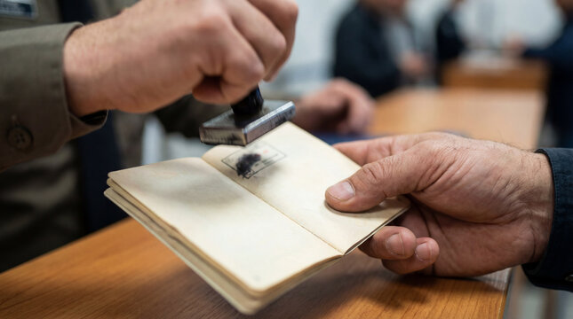 Close hands stamp passport at immigration desk with blurred officials for border control visa approval international travel documentation concept official checkpoint travel process scene