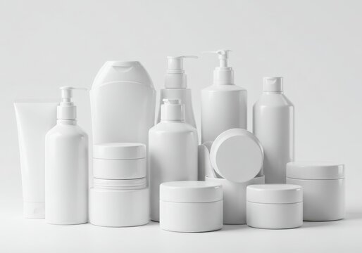 Collection of white skincare bottles and jars isolated on white background
