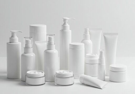 Collection of various white cosmetic bottles and jars isolated on white background