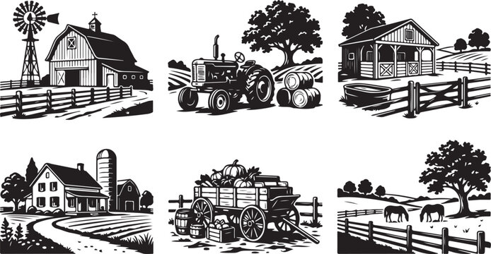 Farm, rural, vector icons, black and white, agricultural illustrations, 6 pcs