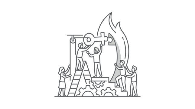 Team using large key to unlock potential or opportunity.