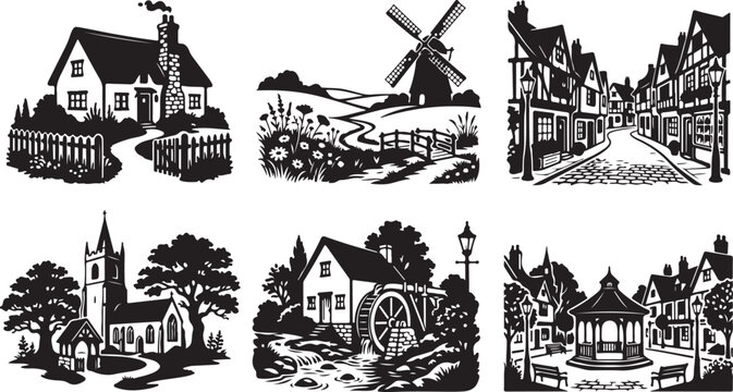 Black and white, vintage town icons, rural landscape illustrations, 6 vector graphics