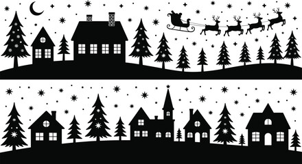 Obraz premium Winter Village Christmas Silhouette Collection with Santa Sleigh Snowy Trees and Holiday Landscape