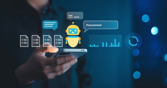 Hand holding smartphone displaying artificial intelligence chatbot assistant with procurement and data analysis interface.