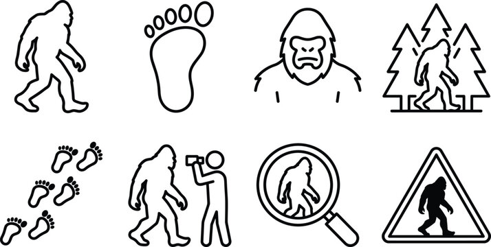 Bigfoot and Sasquatch Cryptozoology Icon Set for Camping Websites, Mythical Animal Apps, and Wilderness Travel Designs