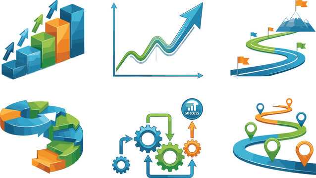 Business growth infographic element set featuring 3D bar charts financial trend arrows milestone roadmaps and gear mechanism process diagrams for corporate presentations
