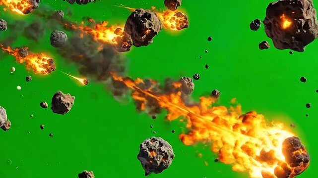 Burning asteroids flying through deep space on green background