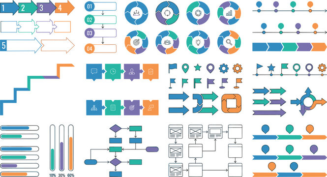 Business infographic mega kit featuring flowchart diagrams timeline charts process arrows circle graphics progress bars and website wireframe structures for corporate presentations