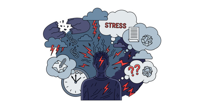 Overwhelmed person with multiple thoughts and stress.