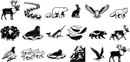 Fototapeta premium Arctic animals silhouettes set with reindeer polar bear walrus musk ox puffin arctic fox narwhal wolf and snowy owl vectors for winter nature design