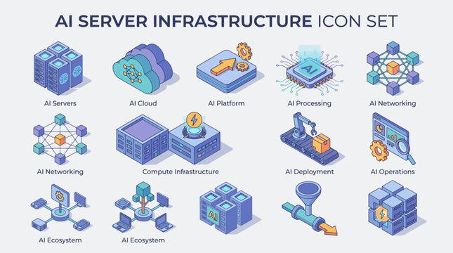 AI Server Infrastructure Icon Set for Cloud Computing Data Center Architecture Enterprise Hosting and Intelligent Network Systems