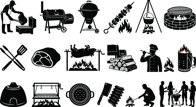 BBQ and grilling silhouette icon set featuring equipment, tools, meat, chefs, and outdoor barbecue party elements on white background