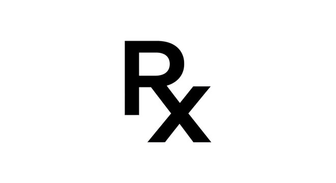 Black rx prescription symbol on white background, simple and bold