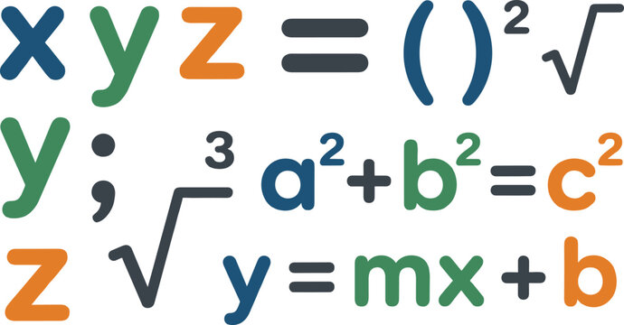 Colorful math formulas and algebra symbols vector set featuring pythagorean theorem, square root, variables, and linear equation for educational school marketing infographics