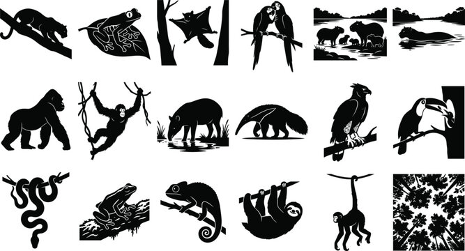 Black and white silhouette vector set of rainforest and jungle animals, including a jaguar, gorilla, sloth, toucan, and tree canopy, isolated on a white background.
