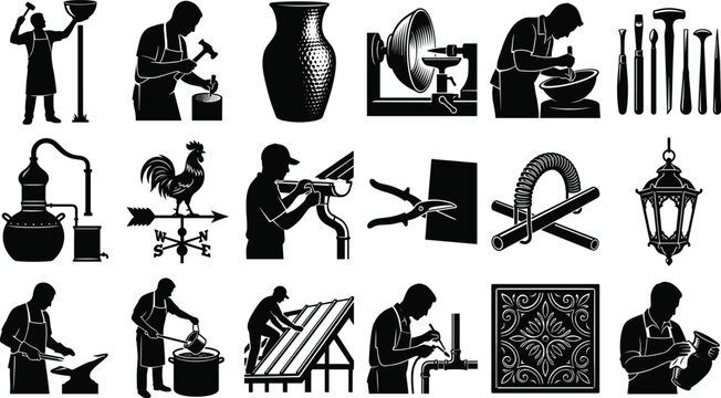 Black silhouette icons of traditional metal copper and tin smithing craft work tools and coppersmith artisans set