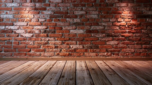 Red bricks formed the wall in an empty room, where wood covered the floor.