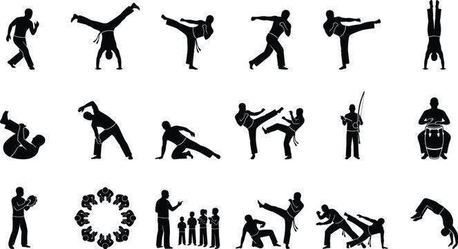 Capoeira martial arts silhouettes set featuring dancers fighters musicians and training positions isolated on a clean white background