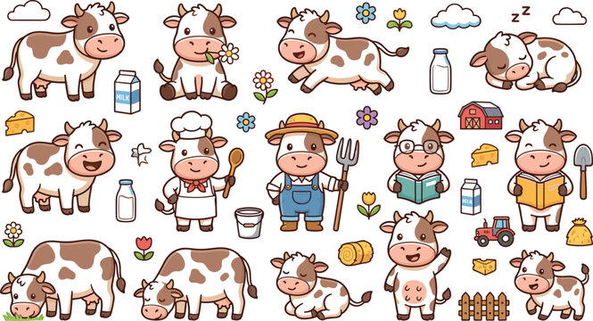 Cute cartoon cow sticker sheet vector set featuring friendly calf characters milk bottles barnyard elements and farm occupations for children educational decorations