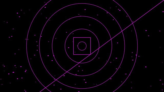Abstract geometric pattern with concentric circles and a square in the center against a dark background with small particles.