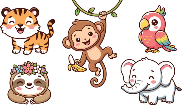 Cute cartoon jungle safari animal mascot character vector set featuring tiger, monkey, parrot, sloth, and elephant for children sticker sheet designs
