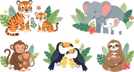 Obraz premium Cute cartoon jungle animal parents and babies vector illustration set featuring tigers, elephants, monkeys, toucans, and sloths for nursery decoration marketing