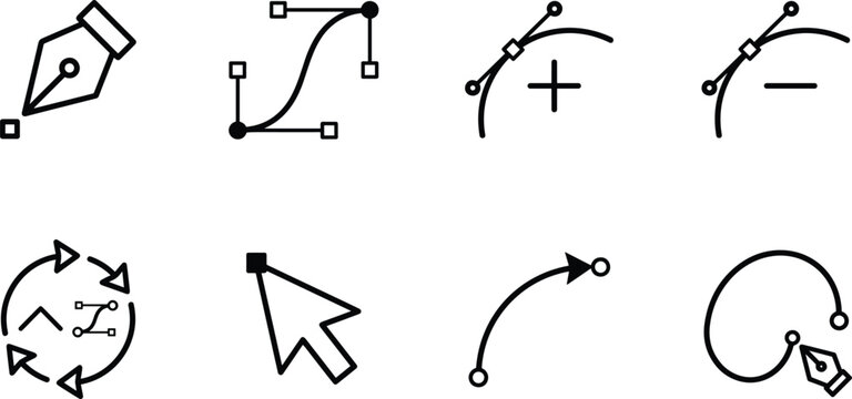 Vector Design Pen Tool Icon Set for Graphic Software Apps, Illustrator Course Tutorials, and Creative Agency Layouts