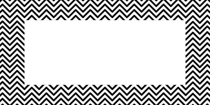 Black and white chevron frame background with central copy space, seamless zigzag border design, modern geometric monochrome template for banners and invitations.