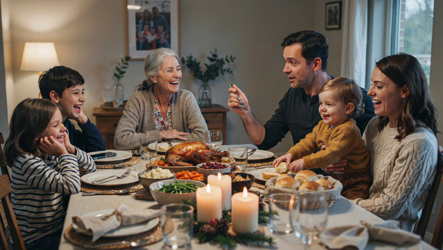 Family gathering around festive holiday table, authentic candid moment of cultural celebration