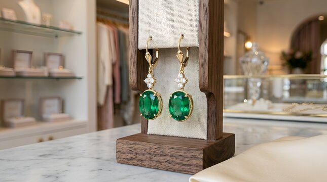 Elegant Oval Emerald and Diamond Dangle Earrings on Display Stand