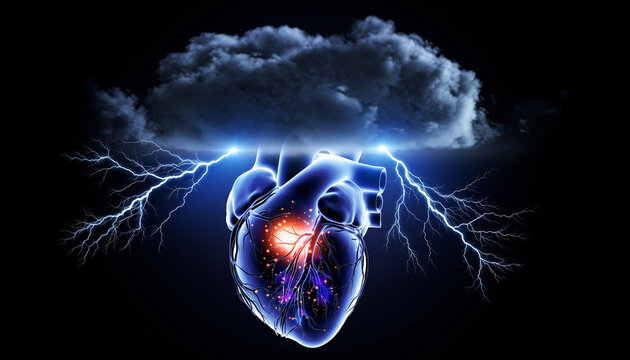 Digital illustration of a human heart with lightning and electrical effects.