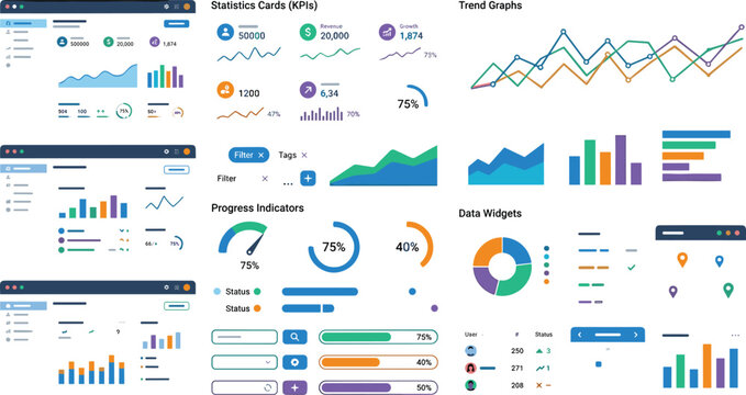 Dashboard UI element kit vector illustration featuring financial charts KPI cards and data widgets for software interface admin panel web design
