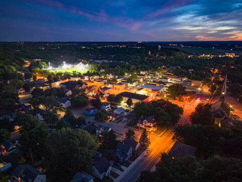 Aerial View of of Jordan Minnesota and the Mini Met Baseball Stadium in the Evening on Game Night