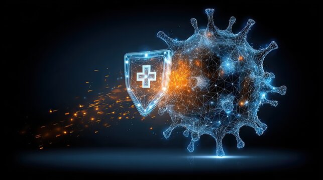 Wireframe tech virus model with medical cross symbol, blue orange glow micro pathogen epidemic prevention biotech science promotional backdrop