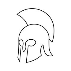 Fototapeta premium Simple line art drawing of an ancient Greek or Spartan warrior helmet with a prominent crest, depicted in profile.